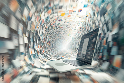 Laptop floating in endless tunnel of documents representing information overload