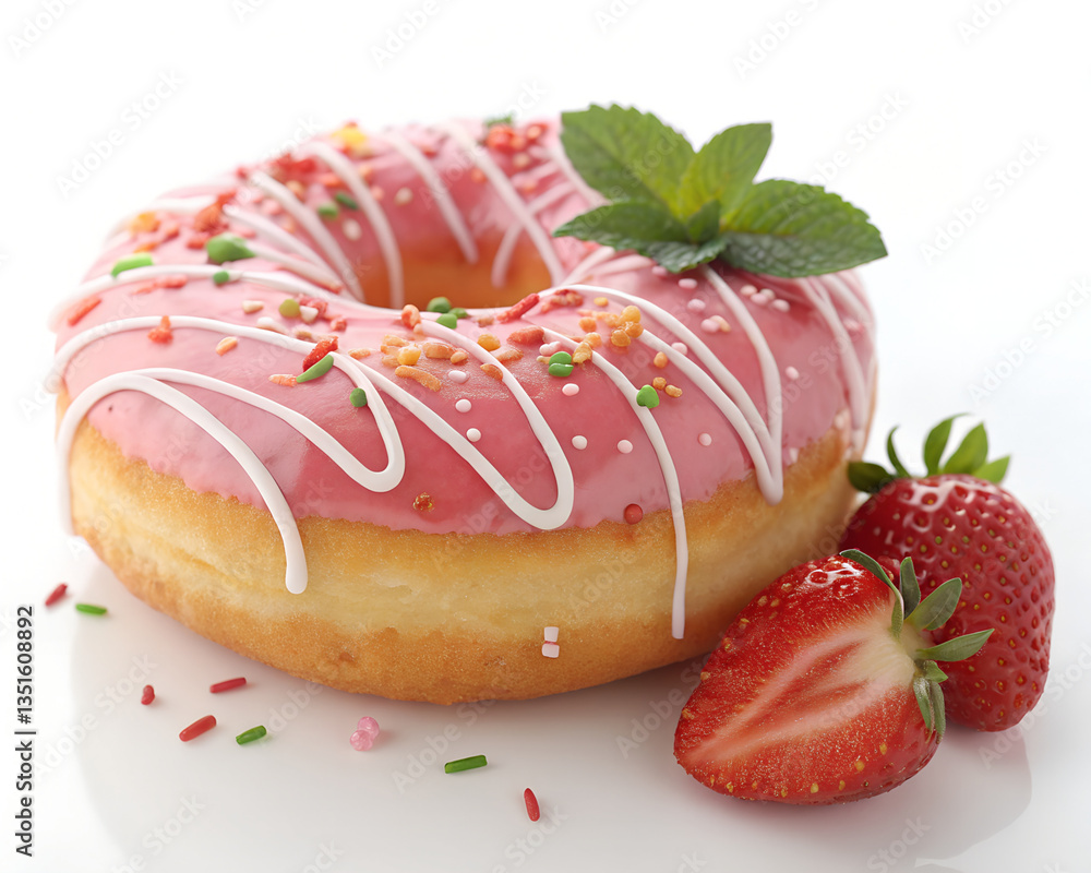 Strawberry Frosted Donut with White Drizzle and Fresh Mint. Strawberry Frosted Donut with White Drizzle and Fresh Mint.
