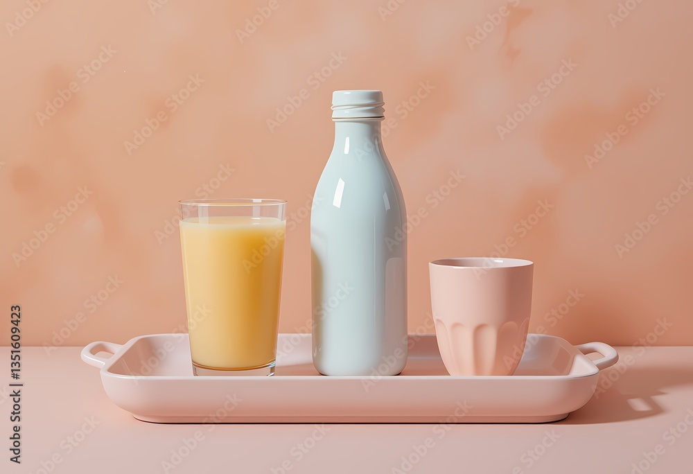 Glass of juice, milk bottle, and mug on a pink tray. Glass of juice, milk bottle, and mug on a pink tray.