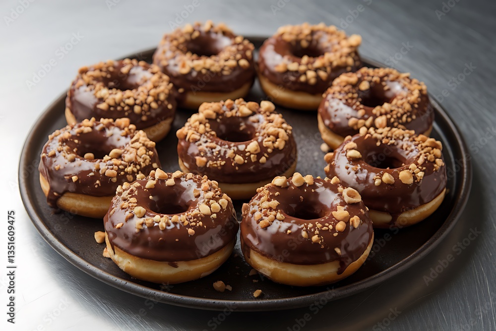 A Dozen Delicious Chocolate Glazed Donuts Topped with Chopped Nuts A Dozen Delicious Chocolate Glazed Donuts Topped with Chopped Nuts