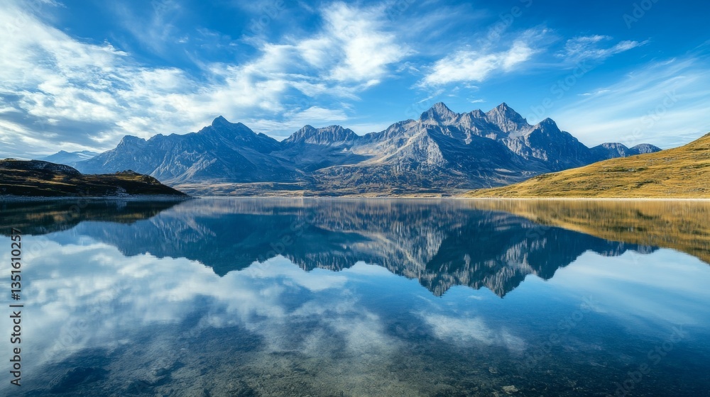 A dramatic mountain range reflecting in a crystal-clear lake. A dramatic mountain range reflecting in a crystal-clear lake.