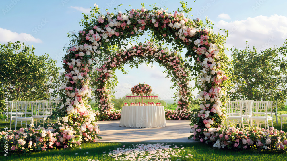 Beautiful floral wedding arch, perfect for romantic beach ceremonies. Ideal for celebrations and events.