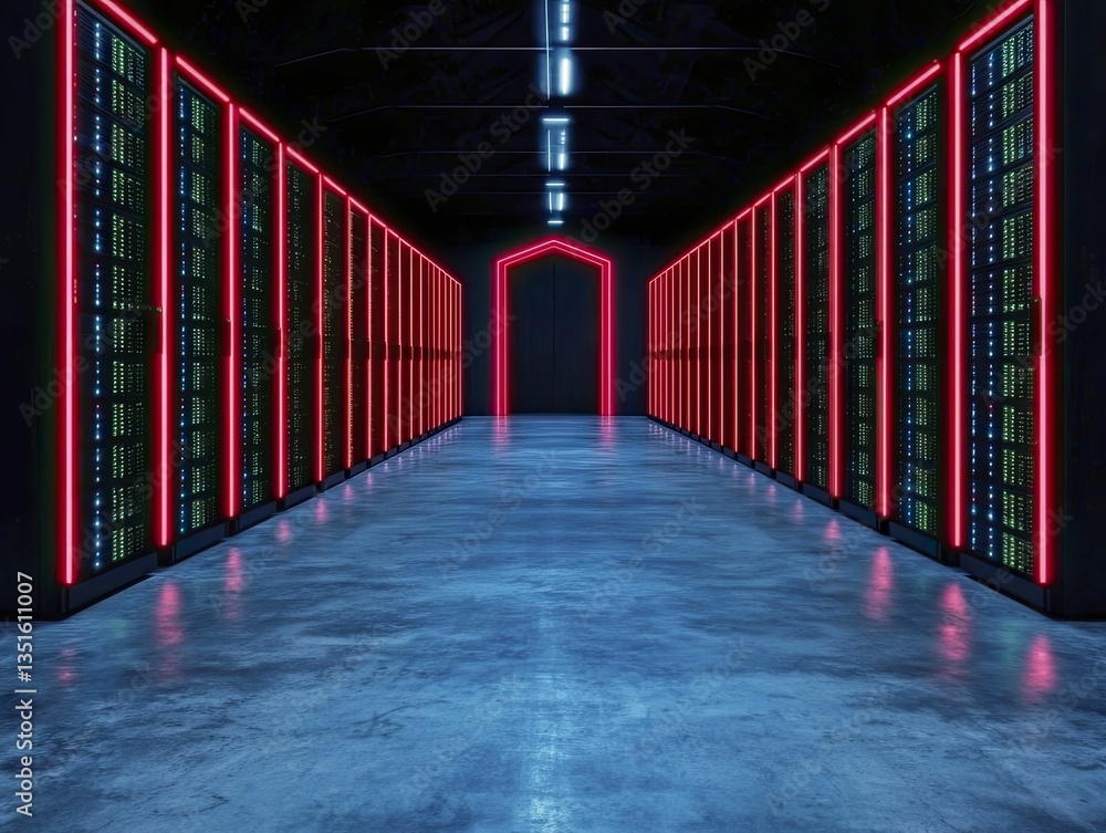 Fototapeta premium Design a sleek data storage technology setup featuring bright neon highlights, prioritizing clarity while fostering openness and harmony.