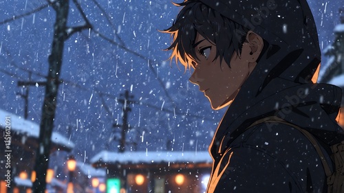 A young man stands in snowy street at night, gazing pensively