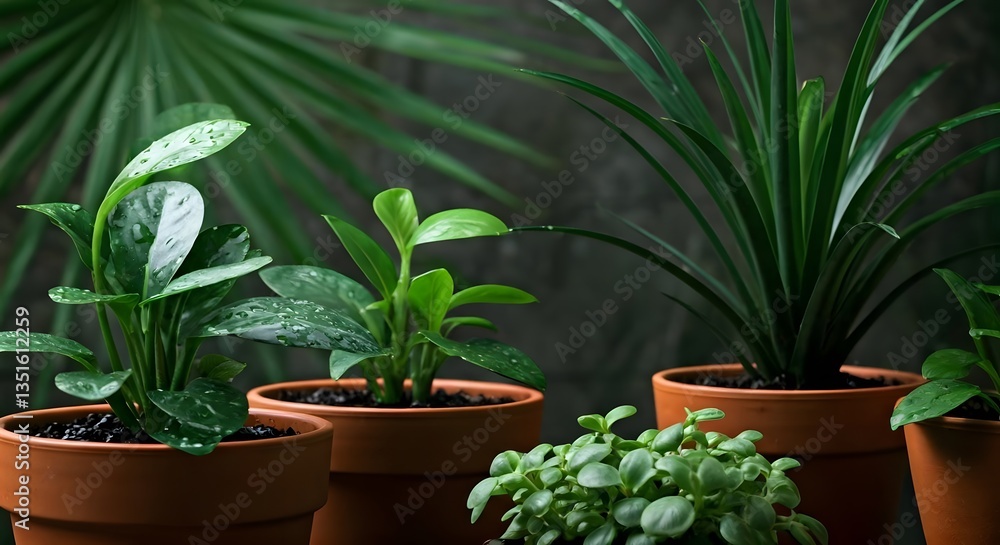 A tropical rainforest-inspired backdrop with water droplets on potted leaves, AI Generated A tropical rainforest-inspired backdrop with water droplets on potted leaves, AI Generated