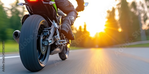 A motorcycle is on the road with a person on it. The sun is shining brightly. The motorcycle is going fast