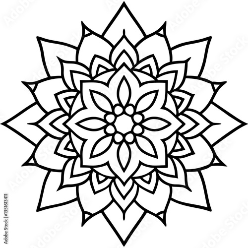 Radiant Mandala: a detailed and symmetrical mandala with intricate patterns in bold black lines, exuding a sense of harmony and spiritual elegance.