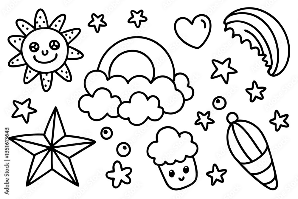 Whimsical Doodle Collection: A collection of playful hand-drawn illustrations featuring a cheerful sun, a vibrant rainbow, stars, hearts, and other delightful elements. Whimsical Doodle Collection: A collection of playful hand-drawn illustrations featuring a cheerful sun, a vibrant rainbow, stars, hearts, and other delightful elements.