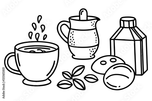 Coffee and Sweeteners: An elegant still life composition captures the essence of coffee with sugar, a biscuit and milk , evoking a feeling of warmth and simplicity.