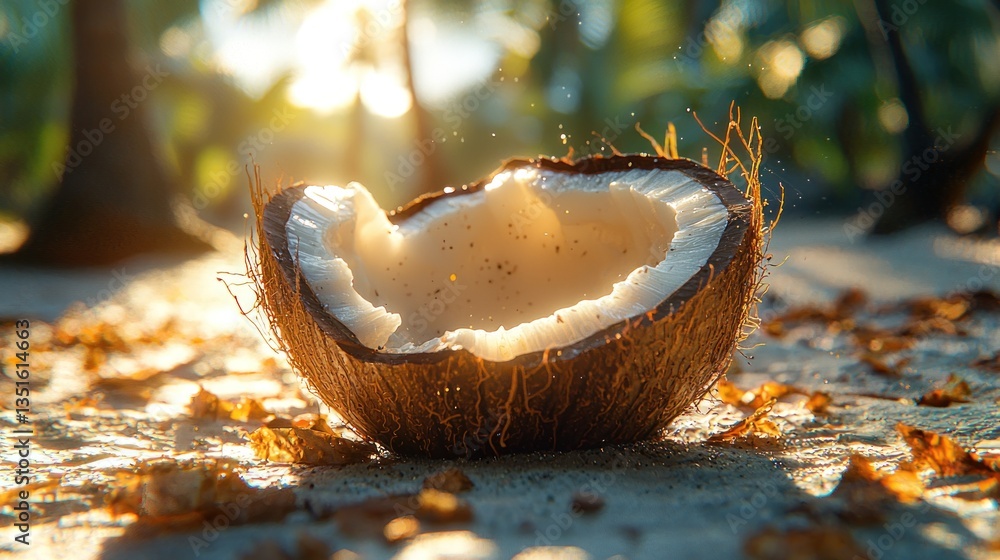 Open coconut on beach at sunset, sunbeams through trees Open coconut on beach at sunset, sunbeams through trees
