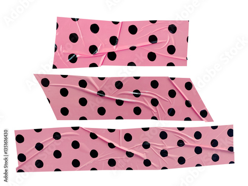 Set of crumpled torn pieces of pink background with black polka dots packing tape, adhesive sealing tape, sticky torn plastic on transparent background	