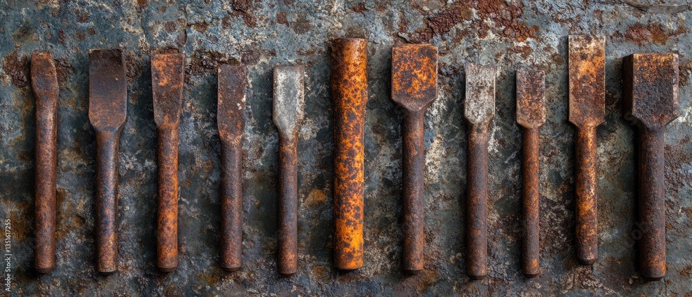 Collection of Antique Rusty Chisels Arranged on Weathered Metal Background, Perfect for Craftsmanship and Vintage Tool Displays Collection of Antique Rusty Chisels Arranged on Weathered Metal Background, Perfect for Craftsmanship and Vintage Tool Displays