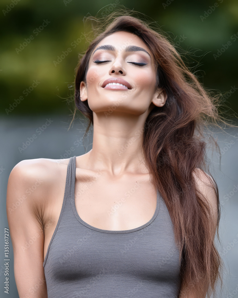 Woman enjoying fresh air and sunlight in a natural outdoor setting during a sunny day Woman enjoying fresh air and sunlight in a natural outdoor setting during a sunny day