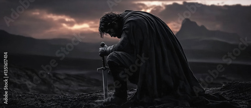 Medieval warrior kneeling before sword stuck in ground surrounded by glowing fire and dark clouds
