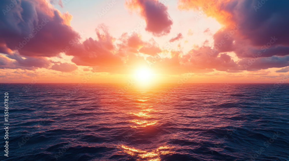 Obraz premium Breathtaking sunset over ocean, with vibrant orange and pink hues reflecting on water surface, creating serene atmosphere