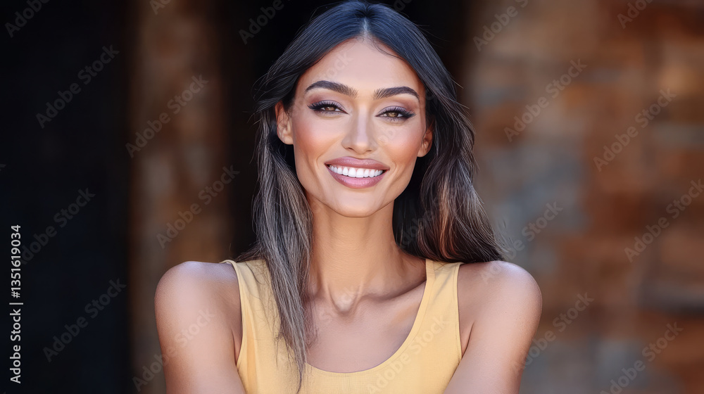 Fototapeta premium Woman smiling confidently in a sunny outdoor setting with a rustic background
