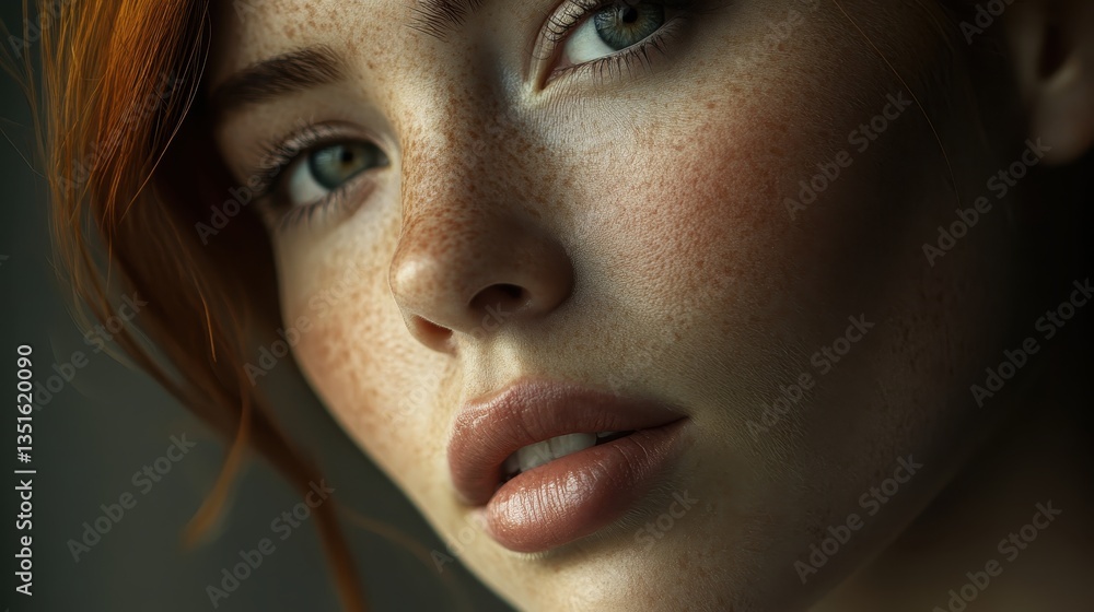 Ethereal Portrait: A close-up shot unveils a captivating woman with striking features - freckled skin, red hair, and mesmerizing eyes. The focus is on beauty, allure. Ethereal Portrait: A close-up shot unveils a captivating woman with striking features - freckled skin, red hair, and mesmerizing eyes. The focus is on beauty, allure.