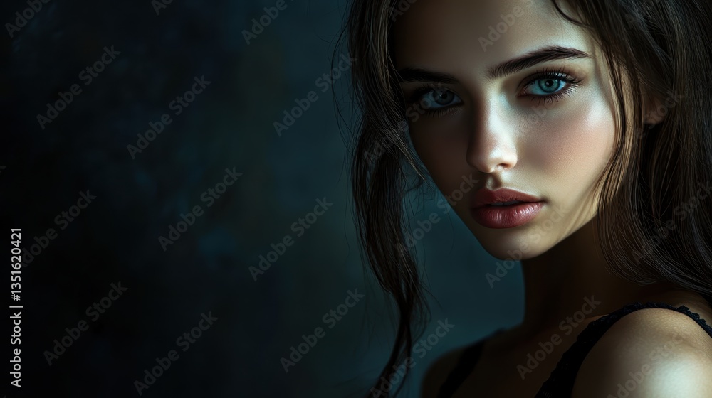 A Gaze into the Soul: A portrait of a beautiful woman, her captivating blue eyes drawn into the foreground, hints a story behind the depth of dark background. A Gaze into the Soul: A portrait of a beautiful woman, her captivating blue eyes drawn into the foreground, hints a story behind the depth of dark background.