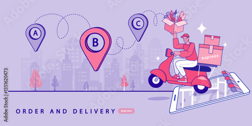 A modern illustration of a delivery man on a scooter for fast and convenient online shopping and urban logistics. Perfect for your e-commerce business.