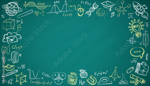 Seamless vector pattern background featuring various mathematical formulas, scientific equations, and physics symbols hand-drawn in chalk on a dark green chalkboard. 