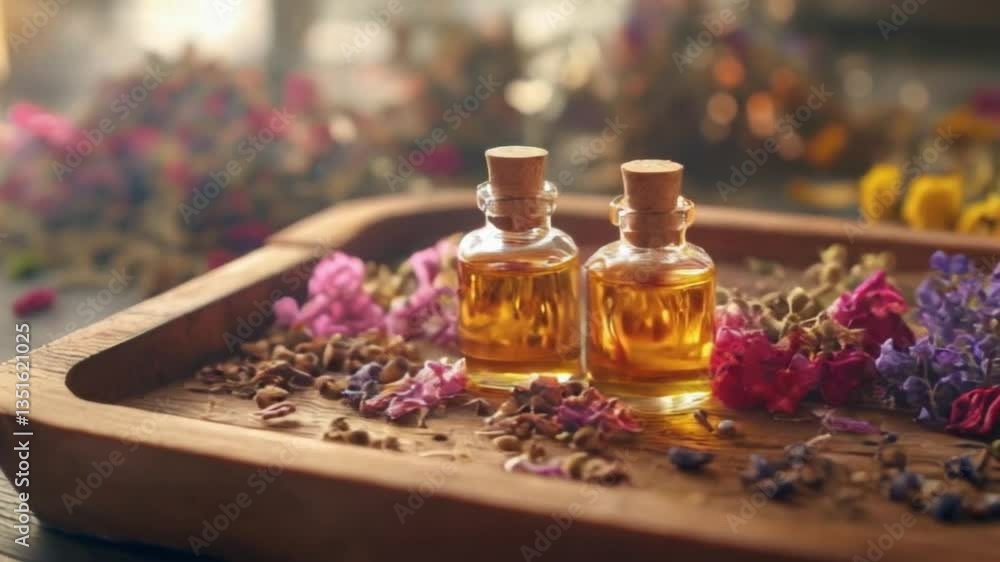 Two glass bottles of oil with dried petals in soft warm lighting Two glass bottles of oil with dried petals in soft warm lighting