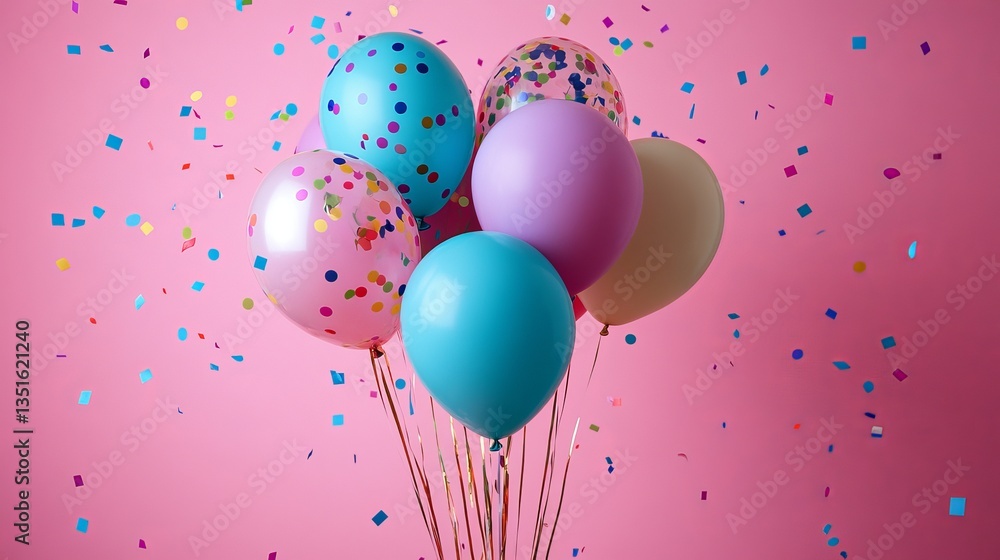 A Playful and Colorful Birthday Arrangement with Balloons, Confetti, and Festive Party Decor A Playful and Colorful Birthday Arrangement with Balloons, Confetti, and Festive Party Decor