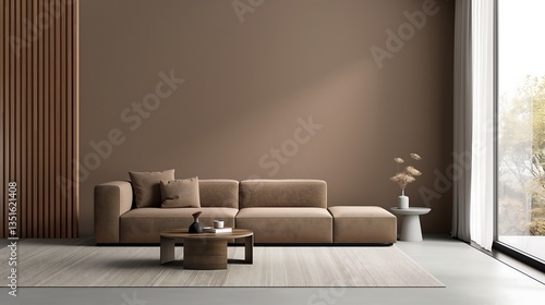 A sleek and modern living room featuring a spacious, cozy sofa and minimalist decor in warm earthy tones, creating a serene and inviting atmosphere ideal for relaxation.
