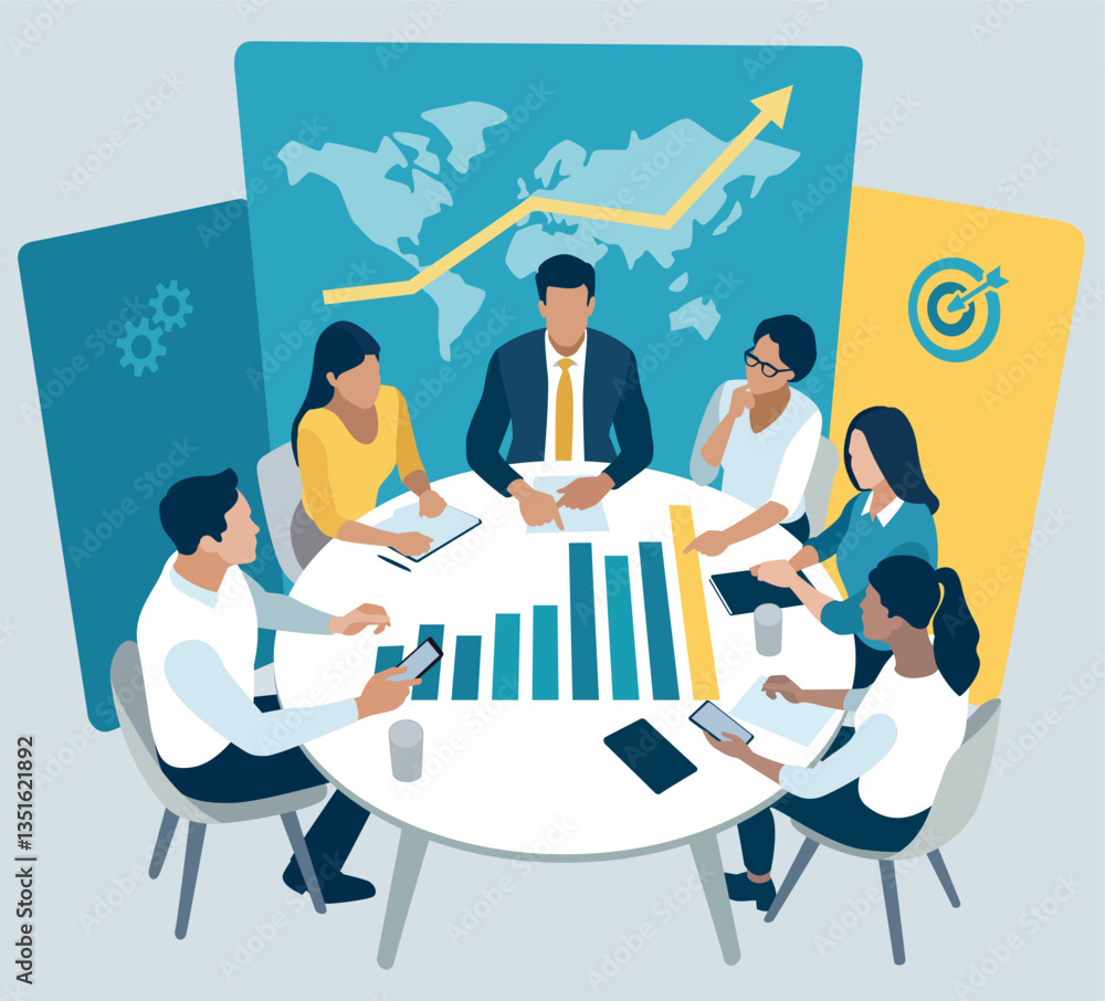 Meeting. The team is sitting around the table, planning a goal and business strategy. Vector illustration. Meeting. The team is sitting around the table, planning a goal and business strategy. Vector illustration.