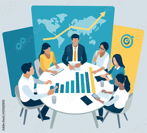 Meeting. The team is sitting around the table, planning a goal and business strategy.  Vector illustration.
