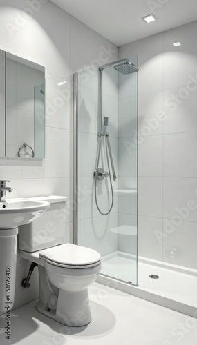 Clean white bathroom corner sink toilet shower, clean, shower, minimal