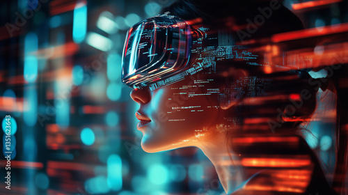 Female IT specialist learns to analyze code and data technology, cyber security, impact of artificial intelligence augmented reality, side profile, copy space. AI generation