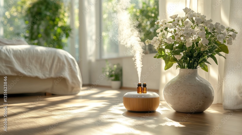 Obraz premium Wooden essential oil diffuser gently mists, near white flowers and a bed. Sunlight streams through window