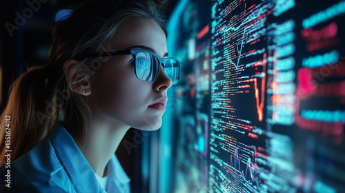 Female IT specialist learns to analyze code and data technology, cyber security, impact of artificial intelligence augmented reality, side profile, copy space. AI generation