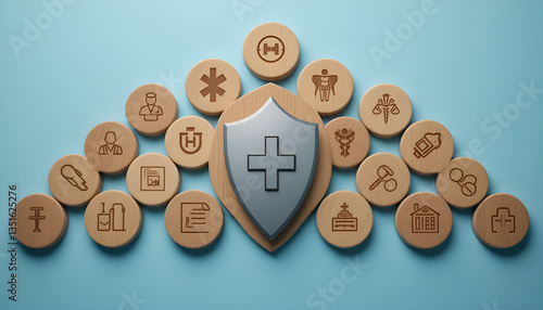 A protective shield symbolizing comprehensive healthcare encompassing medical professionals, legal aid, and hospital facilities, depicted with engraved wooden tokens on a serene blue background.