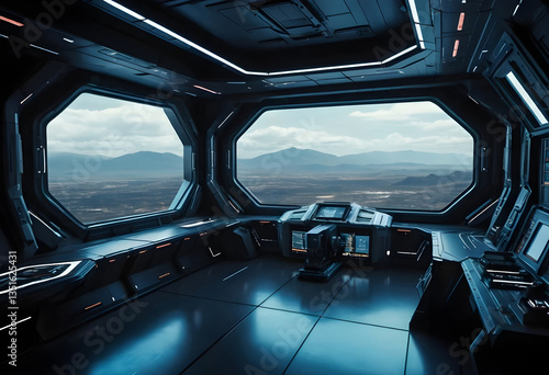 Futuristic Spaceship Cockpit Overlooking Alien Landscape. Bright spaceship interior with a view out a dark window