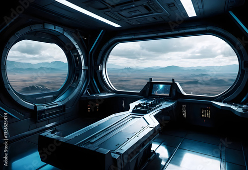 Futuristic Spaceship Cockpit Overlooking Alien Landscape. Bright spaceship interior with a view out a dark window