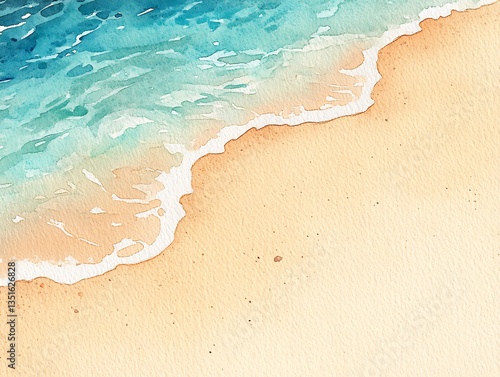 Watercolor painting portrays gentle waves lapping on the sandy beach