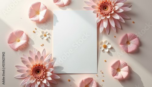 Blank wedding invitation card with delicate roses and petals