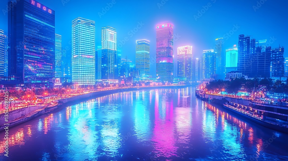 Futuristic cityscape at night with vibrant neon lights reflecting on water