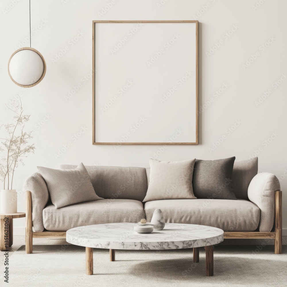 Modern interior design, a blank poster frame mockup on the wall, a beige and white color palette, a wood grain texture Modern interior design, a blank poster frame mockup on the wall, a beige and white color palette, a wood grain texture