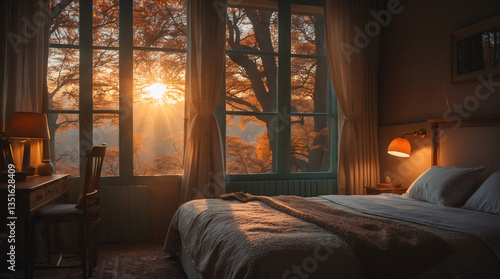 Autumn sunlight and scenic forest view framing cozy bed by window in peaceful bedroom design modern bedroom interior design stock photo
