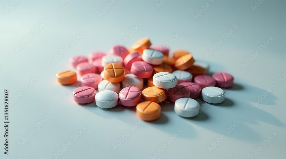 A close-up view of assorted round pills in various pastel colors, resting on a smooth surface, subtly illuminated by soft light A close-up view of assorted round pills in various pastel colors, resting on a smooth surface, subtly illuminated by soft light