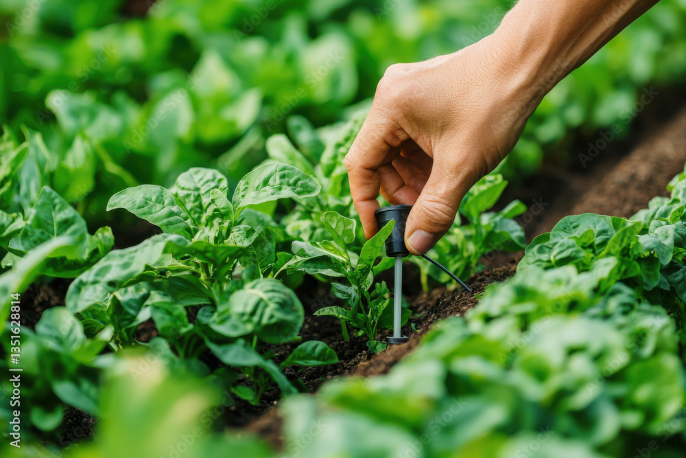 A hand inspecting fresh spinach leaves in a vibrant garden. A hand inspecting fresh spinach leaves in a vibrant garden.