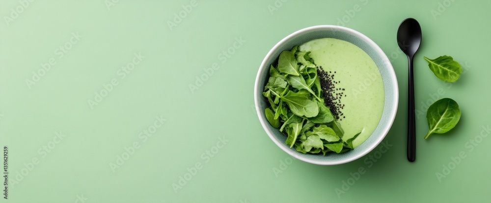 Obraz premium Creamy green soup with spinach and chia seeds