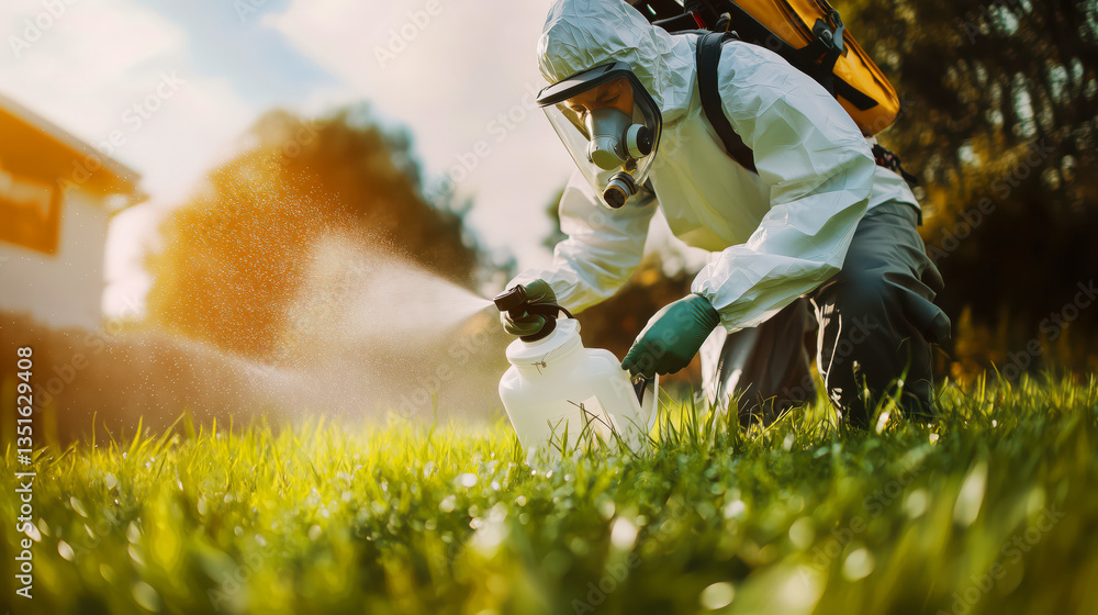 Lawn care action spraying fertilizer on grass backyard garden outdoor. Worker spraying pesticide on a green lawn outdoors for pest control