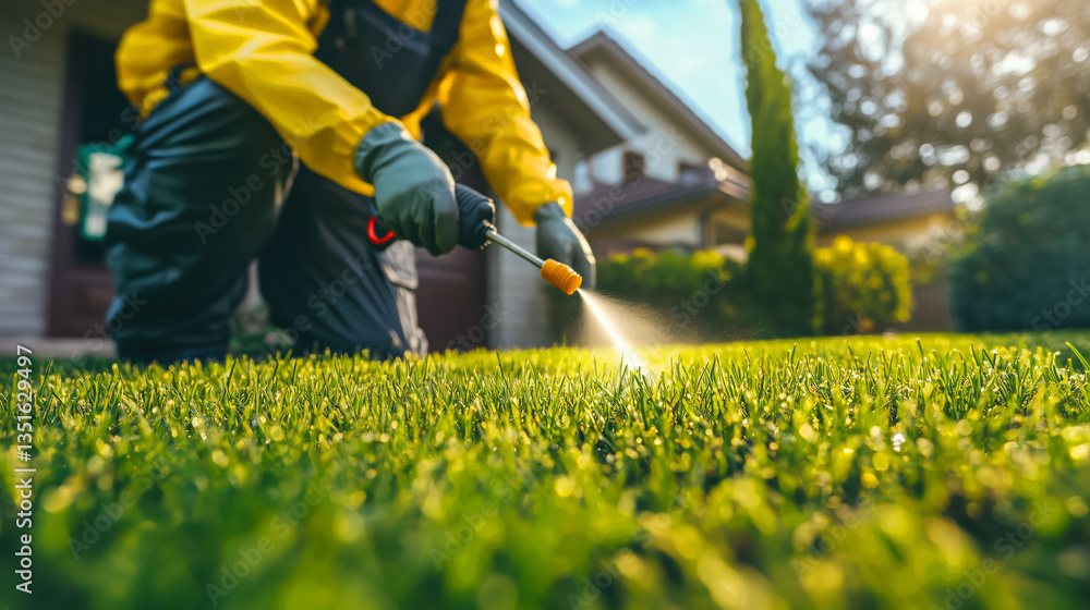 Lawn care action spraying fertilizer on grass backyard garden outdoor. Worker spraying pesticide on a green lawn outdoors for pest control