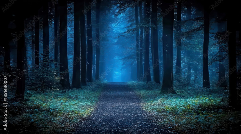 Fototapeta premium A forest path leads into the mysterious misty blue woods