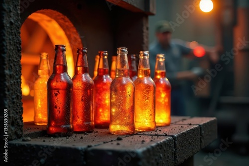 Illuminated amber bottles resting on a rustic surface near a glowing furnace