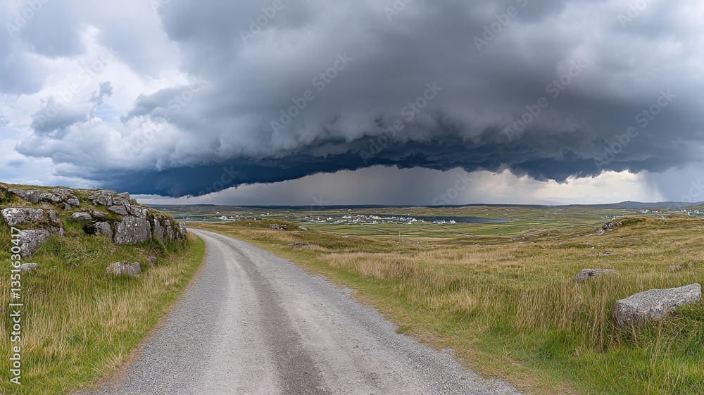 Fototapeta premium Dark storm clouds gather over a winding rural road in the countryside during late afternoon hours