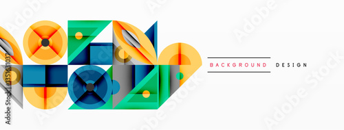 Geometric abstract composition with intersecting shapes, circles, triangles, and gradients, blending vibrant colors and dynamic contrasts to create a modern, futuristic visual design